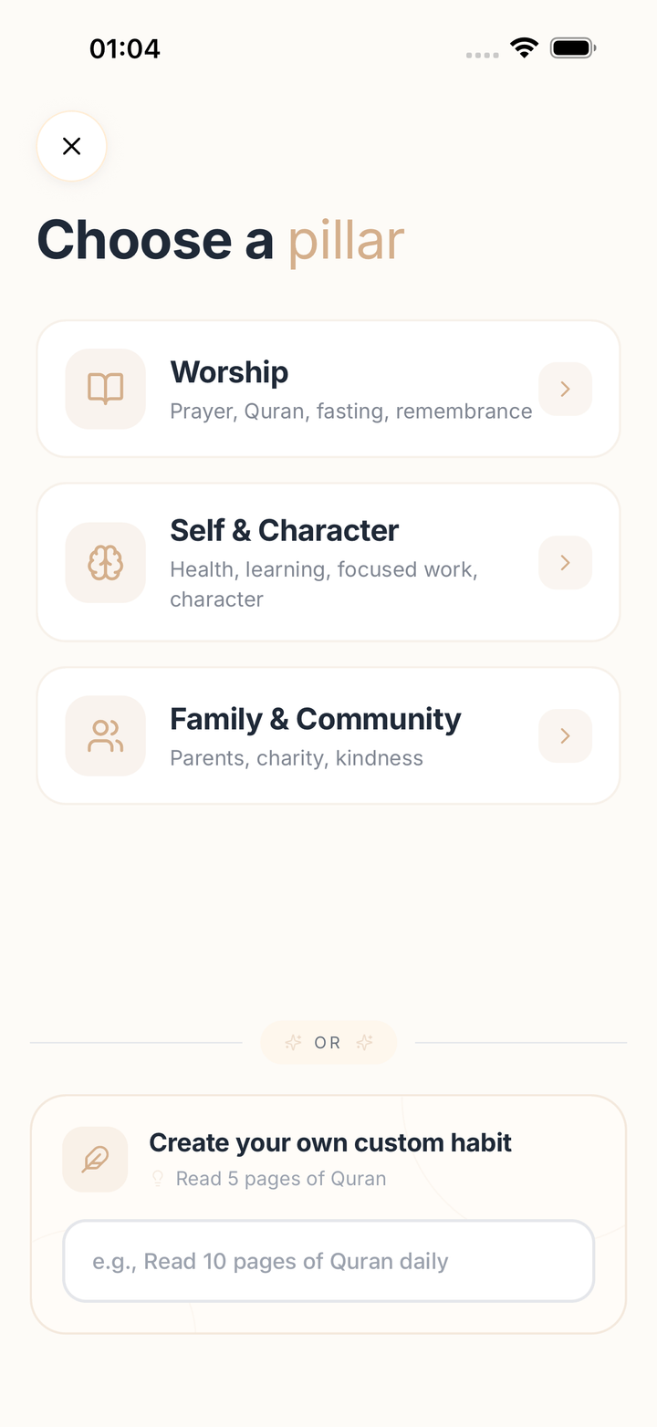 Add habit screen with ready-made Islamic habit presets
