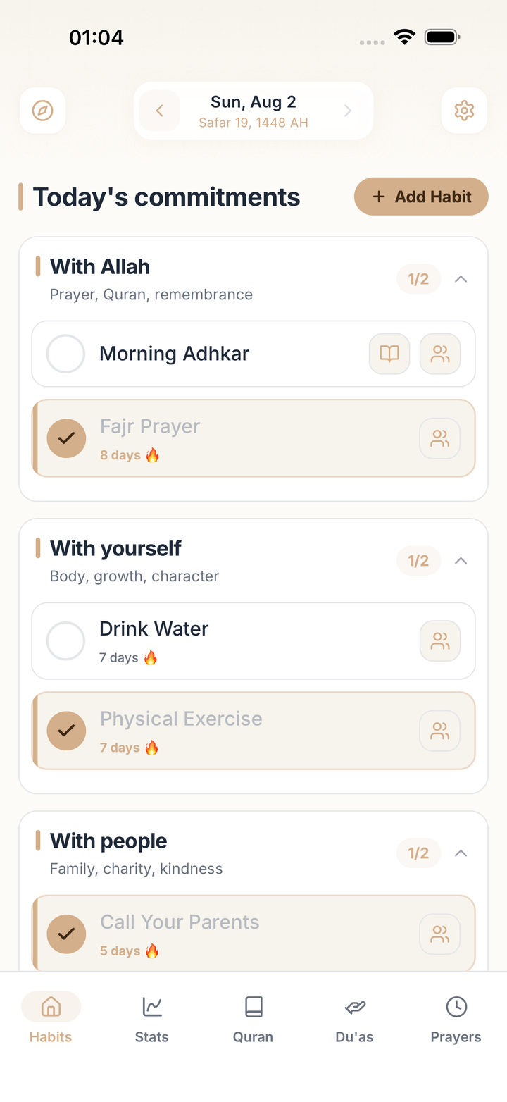 BetterMuslim home screen showing today's habits grouped into three commitments: with Allah, with yourself, and with people