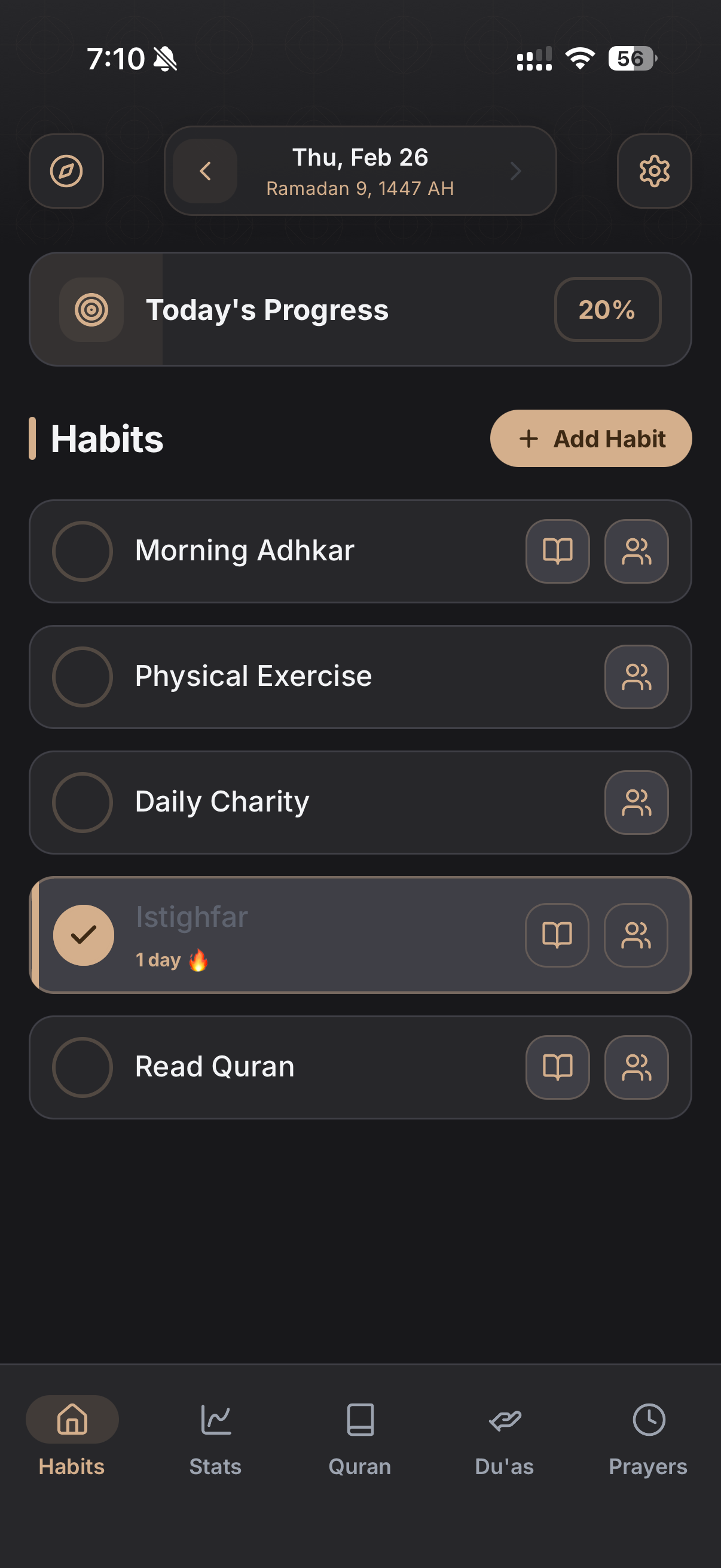 BetterMuslim app habits screen